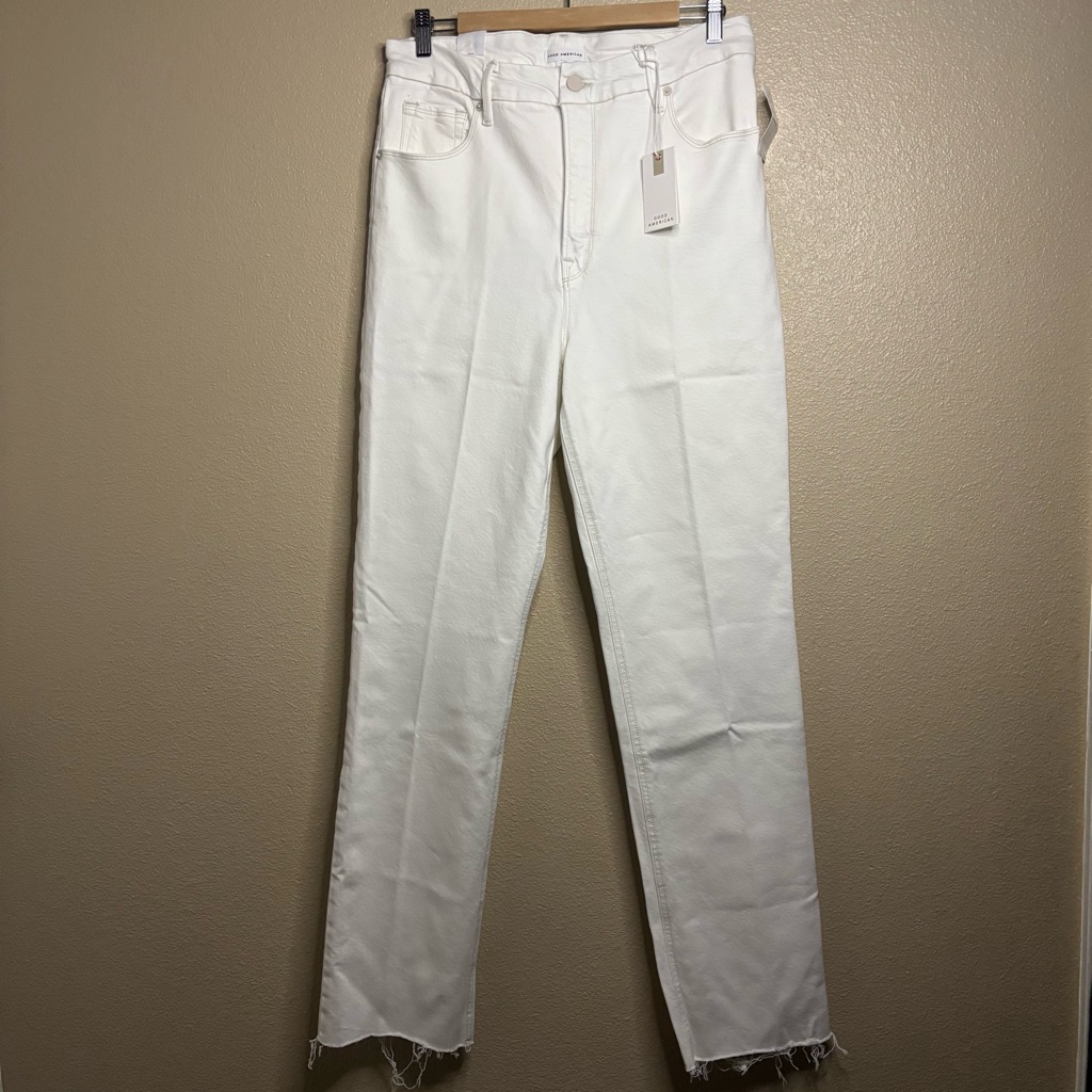 Nwt Good American Good Icon White Straight-Leg High Rise Jeans Sz 15 Frayed Hem